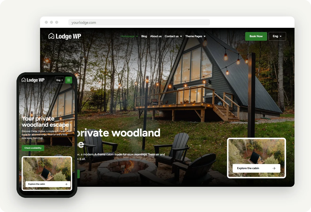 Lodge WP accommodation website shown on desktop and mobile