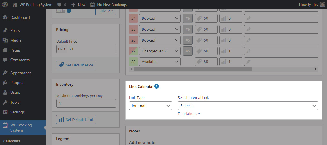 Link the calendar to a page WP Booking System